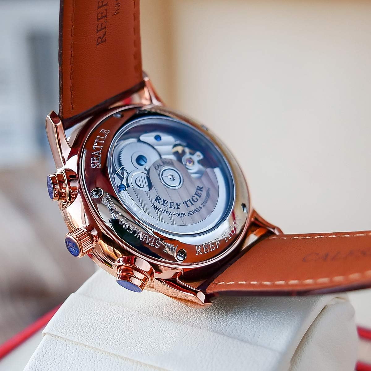 Genuine Leather Strap Rose Gold Automatic Watches for Men