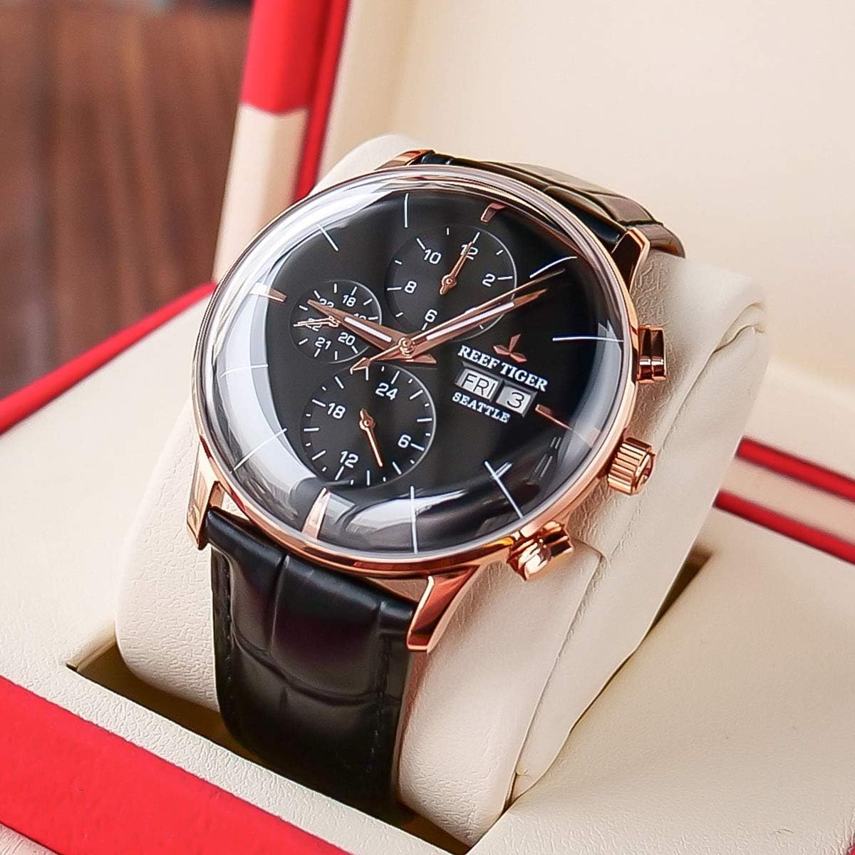 Genuine Leather Strap Rose Gold Automatic Watches for Men