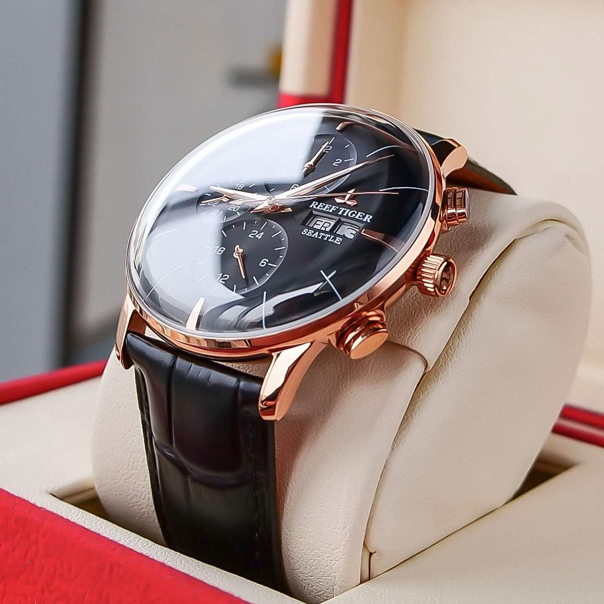Genuine Leather Strap Rose Gold Automatic Watches for Men