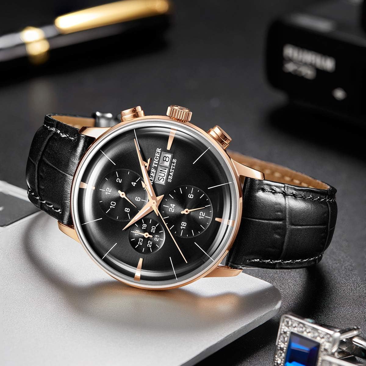 Genuine Leather Strap Rose Gold Automatic Watches for Men