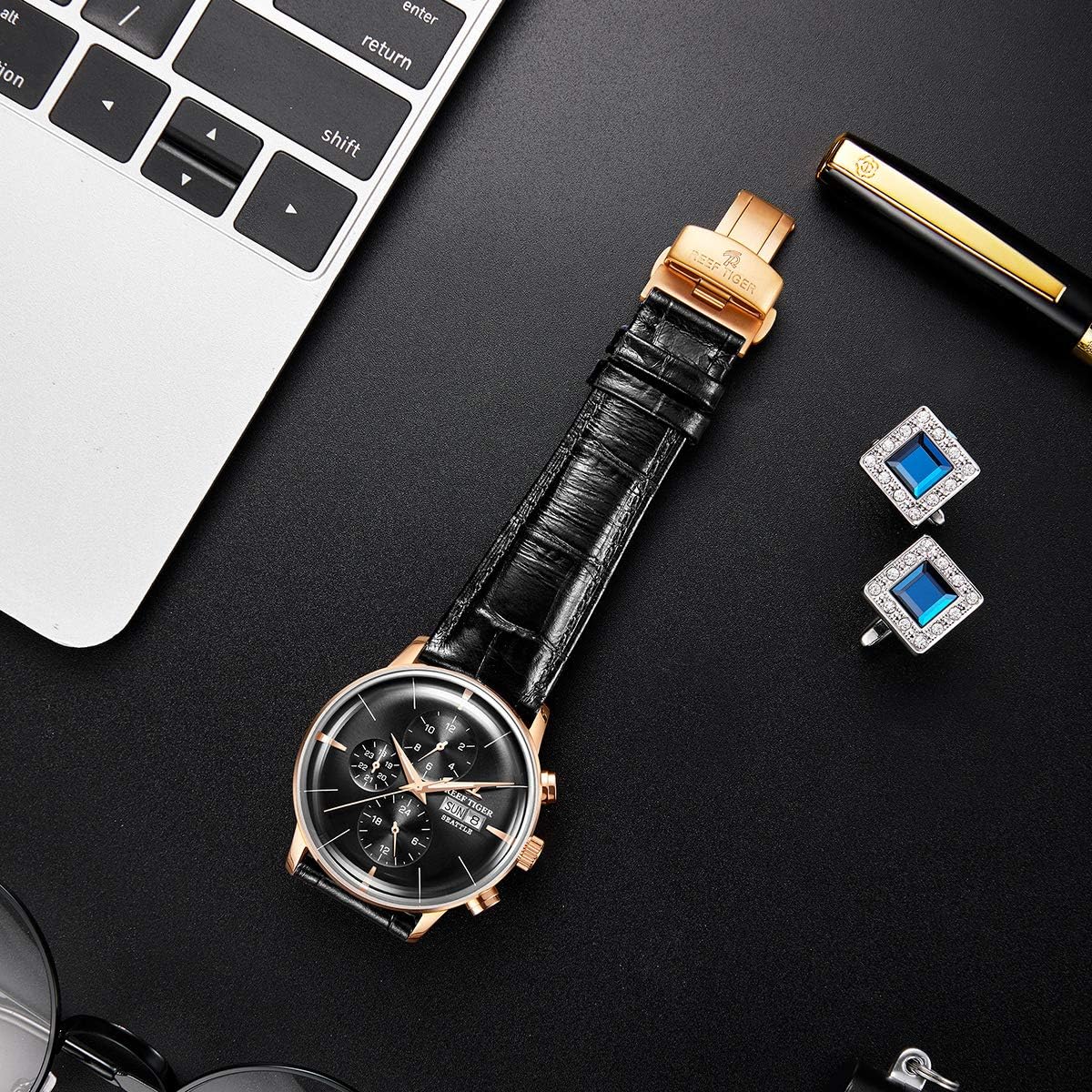 Genuine Leather Strap Rose Gold Automatic Watches for Men
