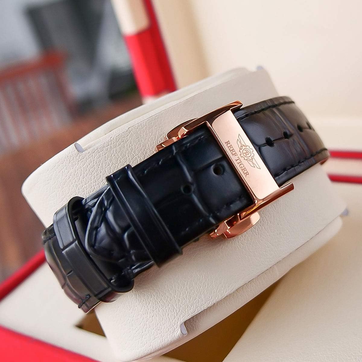 Genuine Leather Strap Rose Gold Automatic Watches for Men