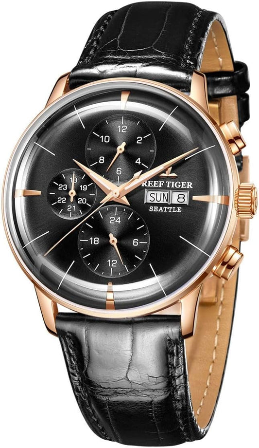 Genuine Leather Strap Rose Gold Automatic Watches for Men