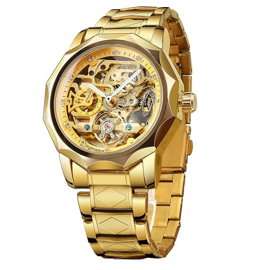 FORSINING Men's Skeleton Automatic Tourbillon Watch Self-Wind Hollow Mechanical Watch Tourbillion Rhombus Stainless Steel Wristwatch Gold & Black
